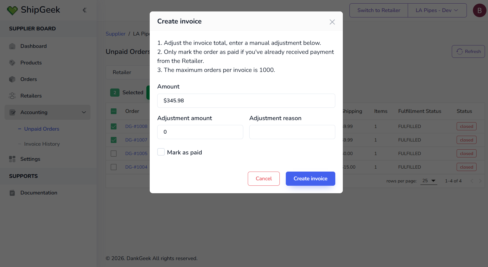 Create invoice modal showing Amount, Adjustment amount, Adjustment reason, and a Mark as paid checkbox