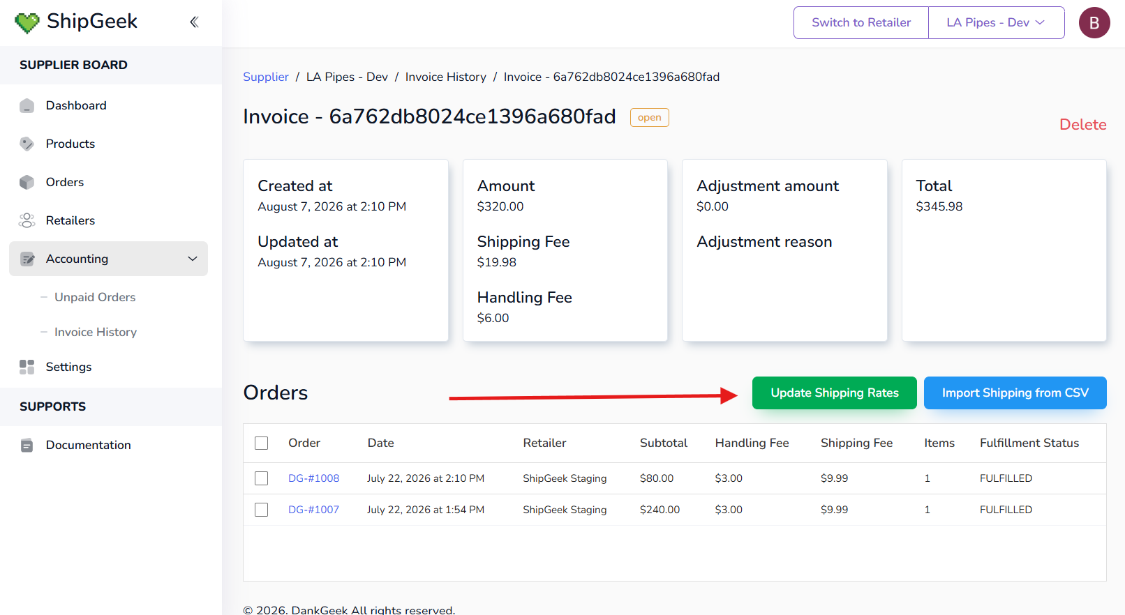 Invoice detail page showing Created at, Amount, Shipping Fee, Handling Fee, Adjustment, Total, an open status badge, Update Shipping Rates and Import Shipping from CSV buttons, and a table of orders on the invoice