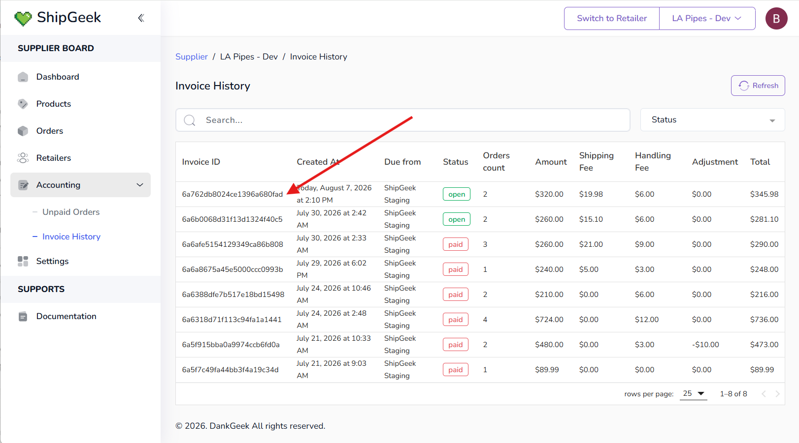 Invoice History with a new invoice added, showing an open status badge