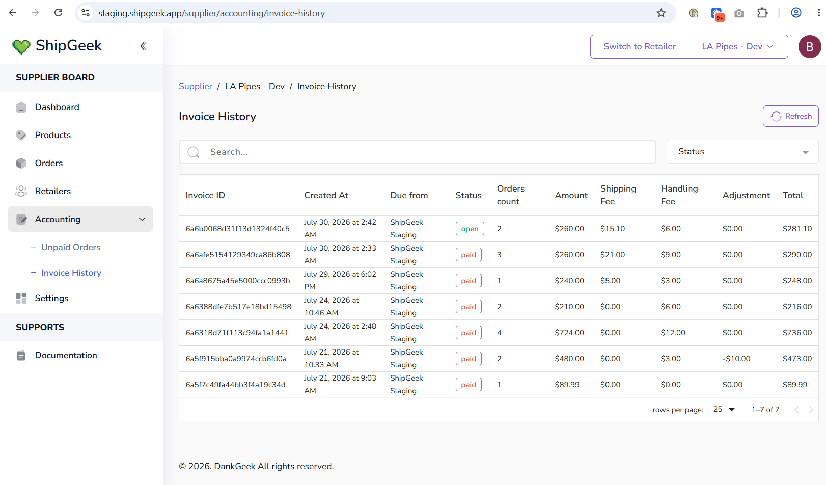 Invoice History list showing Invoice ID, Created At, Due from, Status, Orders count, Amount, Shipping Fee, Handling Fee, Adjustment, and Total columns