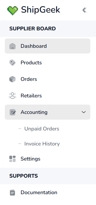 Accounting expanded in the sidebar showing Unpaid Orders and Invoice History