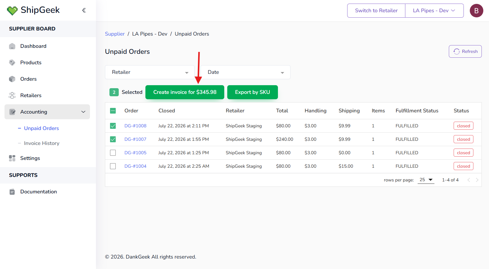 Two orders selected in Unpaid Orders, showing a Create invoice for $345.98 button and an Export by SKU button