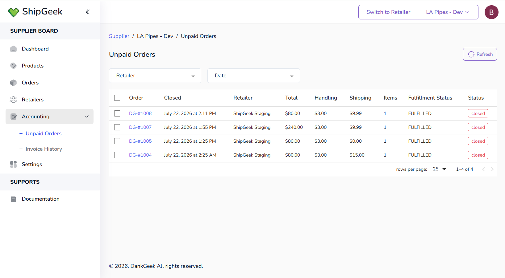 Unpaid Orders list showing fulfilled orders with Total, Handling, Shipping, Items, Fulfillment Status, and Status columns
