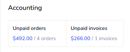 Dashboard Accounting card showing unpaid orders and unpaid invoices totals