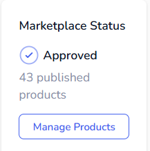 Dashboard Marketplace Status card showing Approved status and published product count