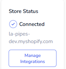 Dashboard Store Status card showing Connected status and the Shopify store domain