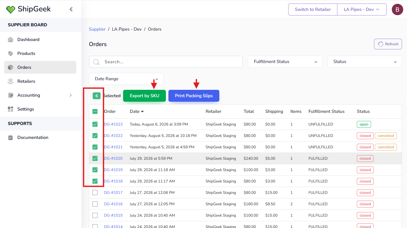 Multiple orders selected via checkbox, showing Export by SKU and Print Packing Slips buttons