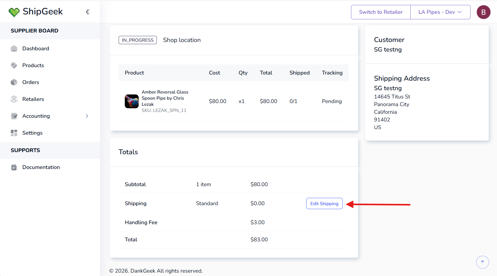 Order Totals panel with an Edit Shipping button next to the Shipping line