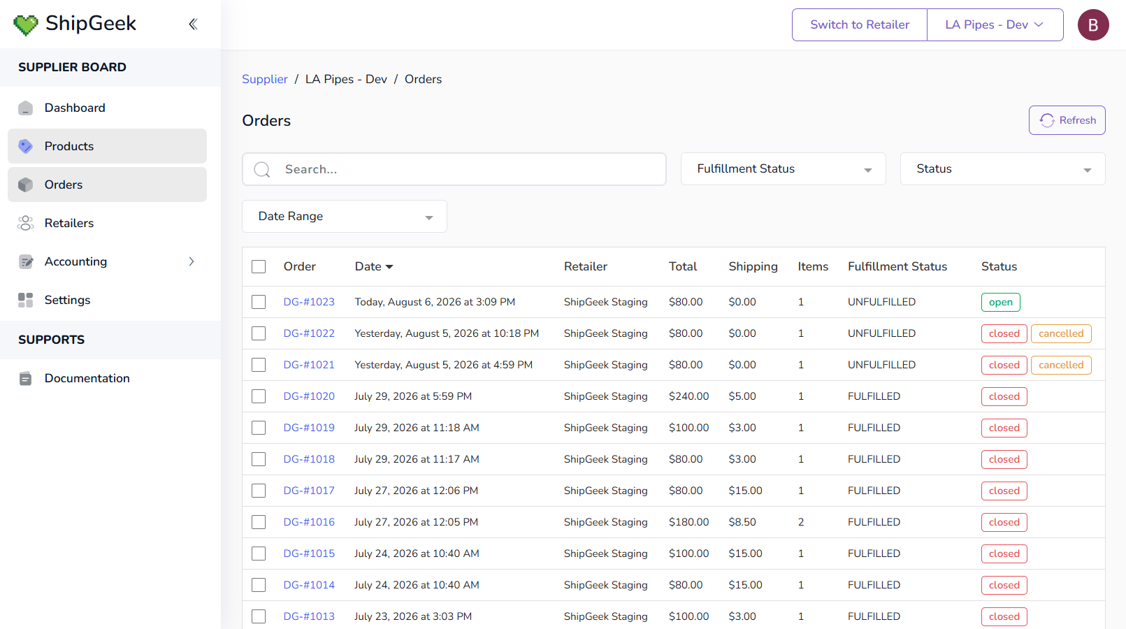 Orders list showing search, filters, and a table of orders with Date, Retailer, Total, Shipping, Items, Fulfillment Status, and Status