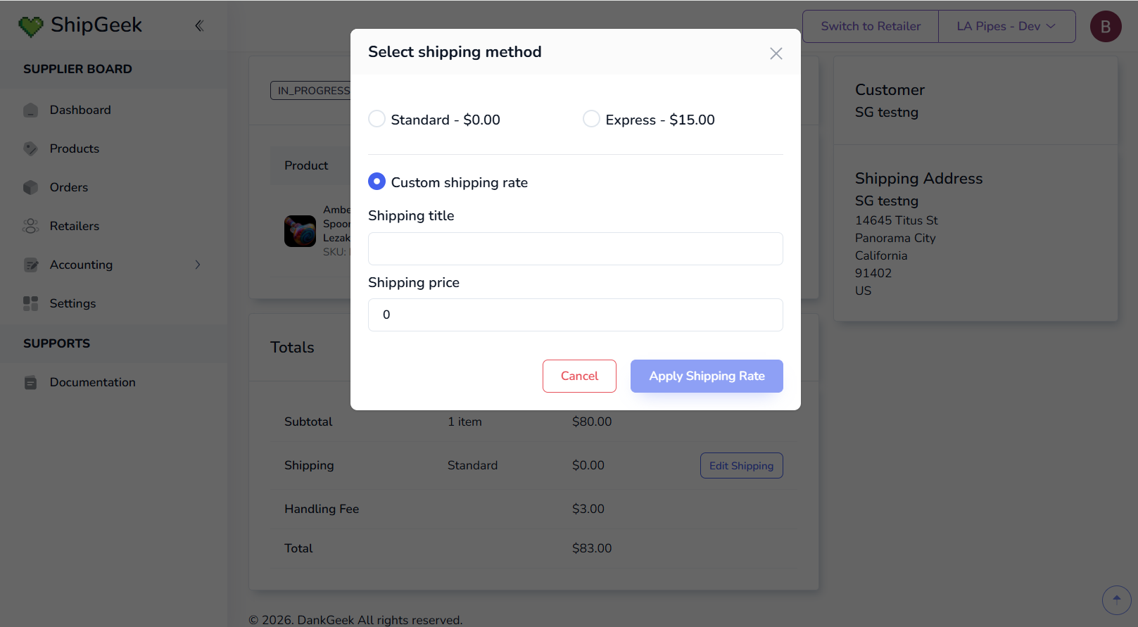 Select shipping method modal showing Standard, Express, and Custom shipping rate options with a shipping title and price field