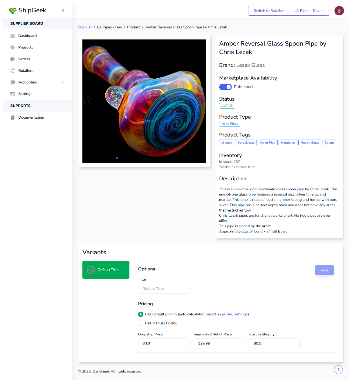 Product detail page showing image gallery, title, brand, Marketplace Availability toggle, status, product type, tags, inventory, description, and a Variants section with pricing