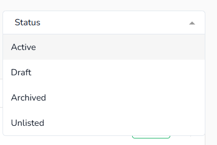 Status filter dropdown showing Active, Draft, Archived, Unlisted