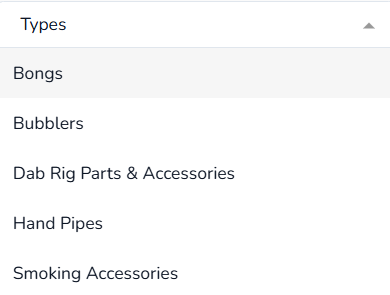 Types filter dropdown showing product types