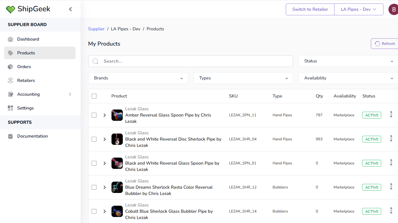 My Products list showing search, filters, and a table of products with SKU, Type, Qty, Availability, and Status