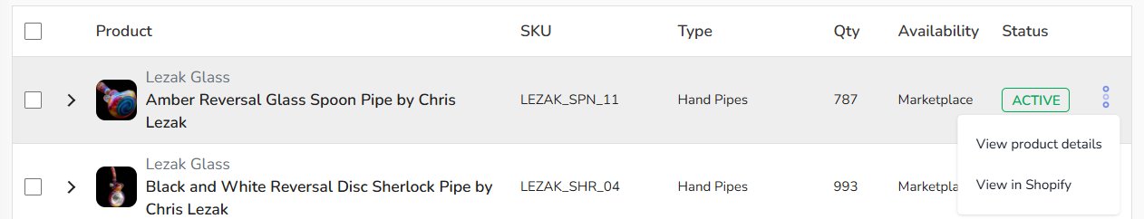 Row menu expanded showing View product details and View in Shopify options