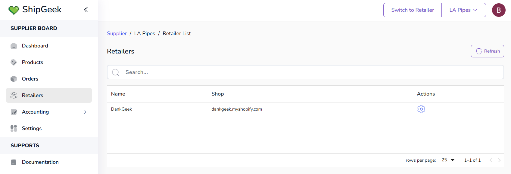 Retailers page showing a search bar, a Refresh button, and a table with Name, Shop, and Actions columns containing one row for DankGeek