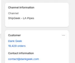 Shopify order sidebar showing Channel Information reading ShipGeek - LA Pipes, and a Customer panel showing Dank Geek with its running order count and contact email