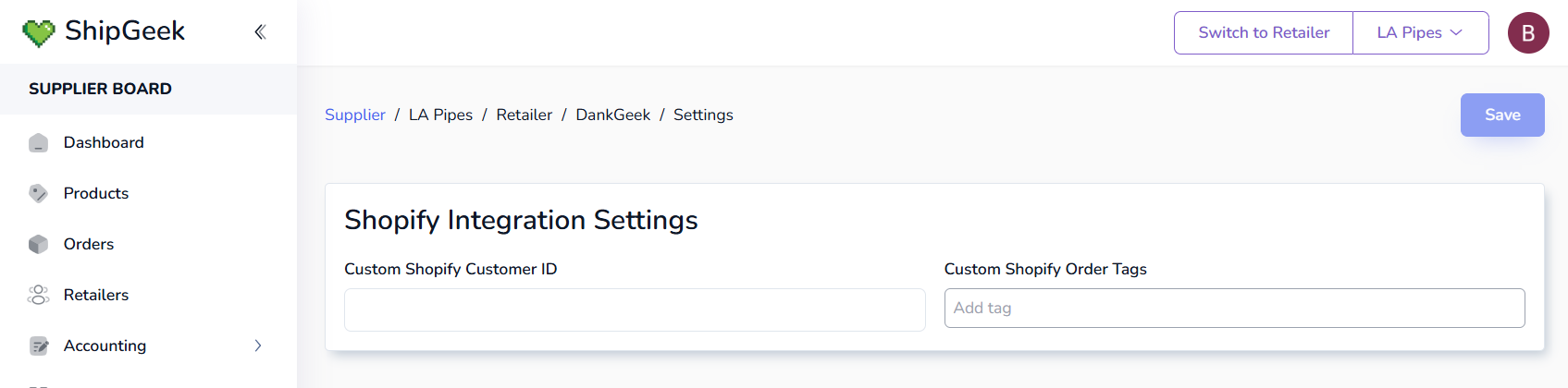 Retailer settings page for DankGeek showing a Shopify Integration Settings card with Custom Shopify Customer ID and Custom Shopify Order Tags fields, and a Save button