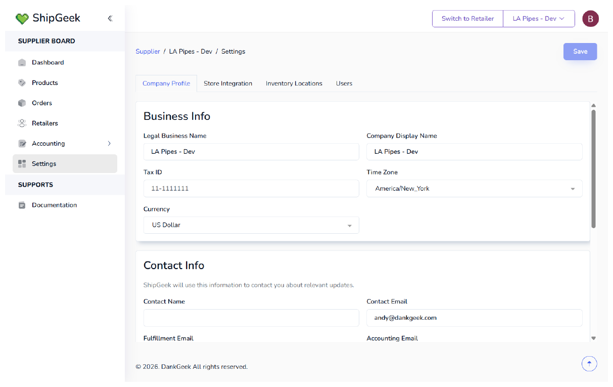 Settings page, Company Profile tab, showing Business Info and Contact Info forms
