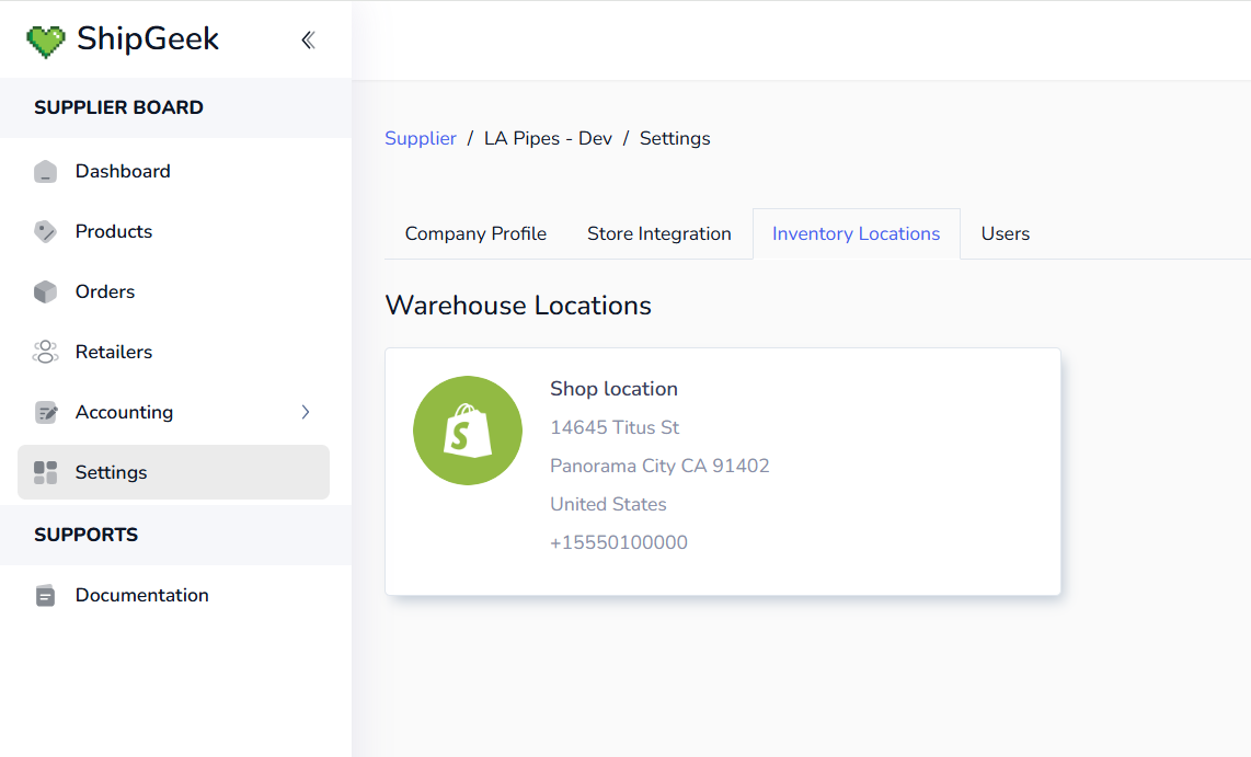 Settings page, Inventory Locations tab, showing a Shop location card with address and phone number