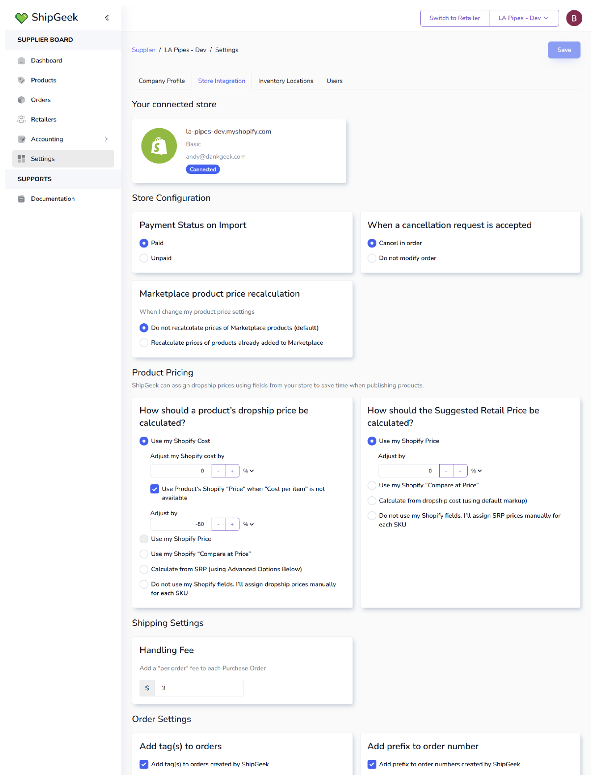 Settings page, Store Integration tab, showing Store Configuration, Product Pricing, Shipping Settings, and Order Settings