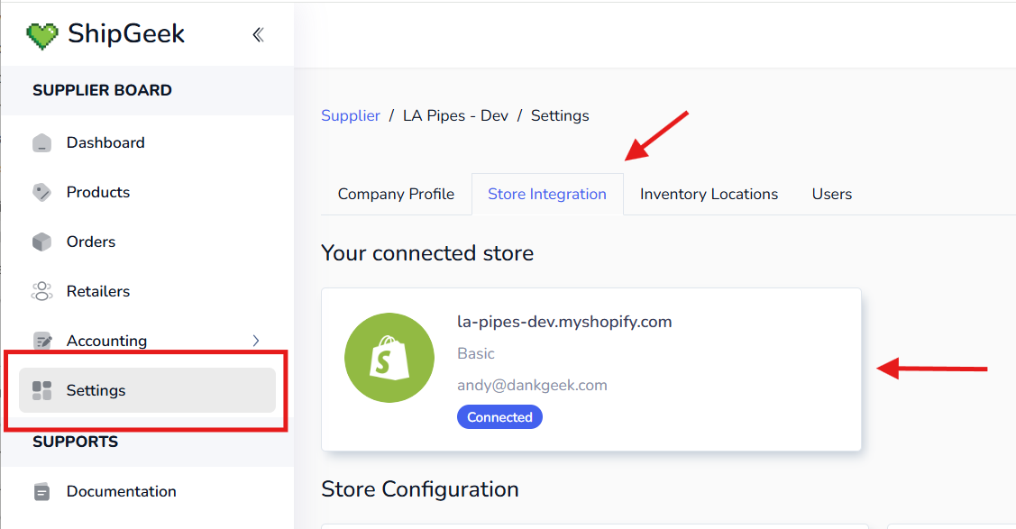 Settings page, Store Integration tab, showing the connected Shopify store with a green Connected badge