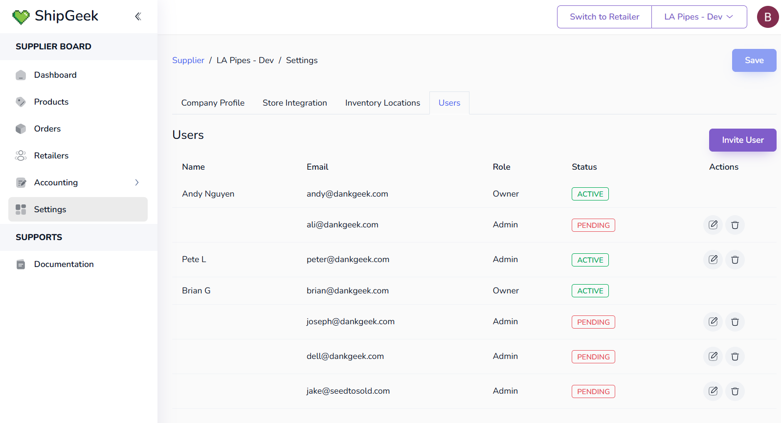 Settings page, Users tab, showing a table of team members with name, email, role, and status