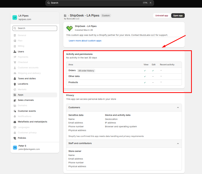 ShipGeek app detail page in Shopify showing an Activity and permissions table with View/Edit columns for Orders, Other data, and Products, and a Privacy section below