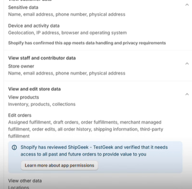 Shopify install screen fully expanded, showing Sensitive data and Device and activity data under View customer data; Store owner under View staff and contributor data; and View products plus Edit orders under View and edit store data, with Shopify's own note that it verified ShipGeek needs access to all past and future orders