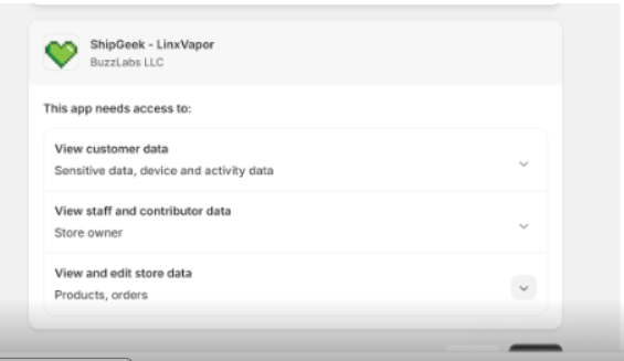Shopify install screen for ShipGeek showing three collapsed permission categories: View customer data, View staff and contributor data, and View and edit store data