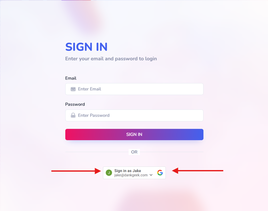 ShipGeek sign-in page with an email/password form and a 'Sign in as' Google account option